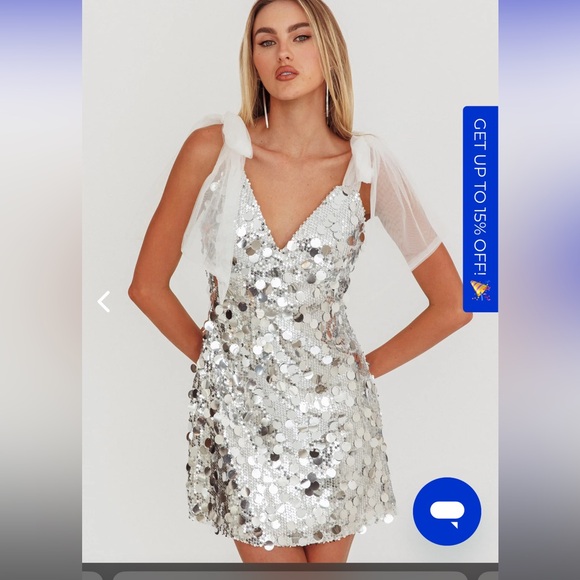 Selfie Leslie MYKONOS MORNING TIED SHOULDER SEQUIN MINI DRESS SILVER - Picture 2 of 6